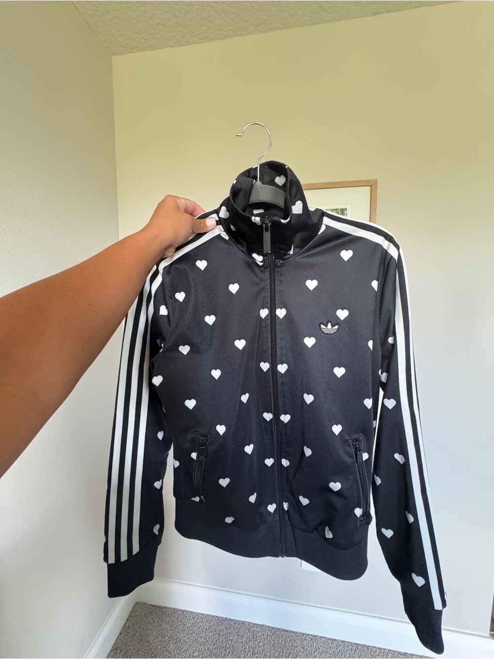 Vintage Adidas Black Track Jacket with White Heart Print